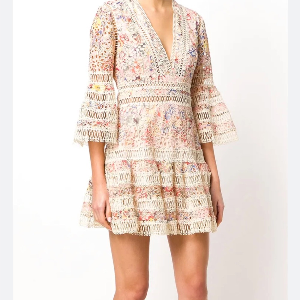 Zimmermann Floral Lace Mini Dress - Cream and Pink